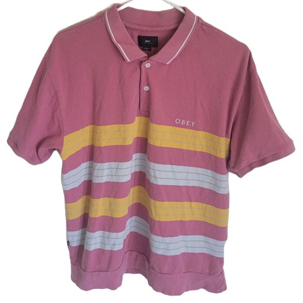 Obey Men's Polo Shirt Short Sleeve Pink with Yellow & Light Blue Stripes Size M